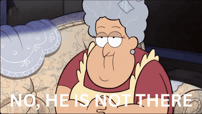 A Cartoon Of An Elderly Woman With The Words No He Is Not There GIF