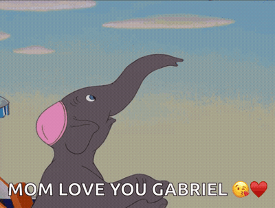 A Cartoon Of An Elephant Holding A Baby Elephant With The Words Mom Love You Gabriel Below It GIF