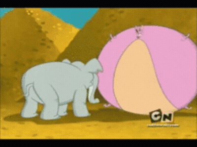 A Cartoon Of An Elephant Standing Next To A Pink Ball With Cn Written On It GIF