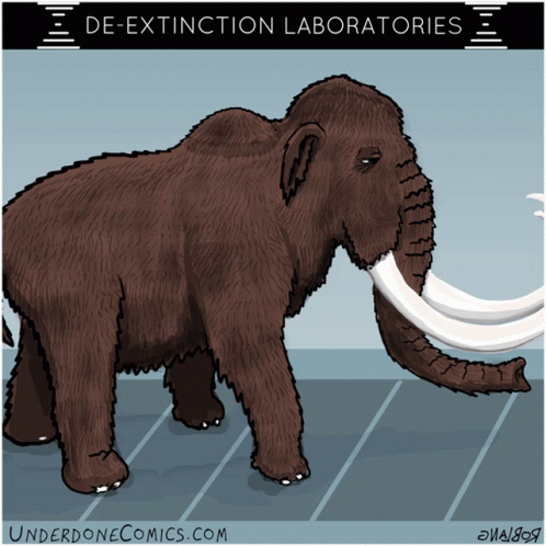 A Cartoon Of An Elephant With The Words De-Extinction Laboratories On The Bottom GIF