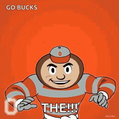 A Cartoon Of An Ohio State Mascot With His Arms In The Air GIF