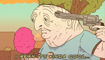 A Cartoon Of An Old Man Holding A Gun To His Head With The Words I Mean It 'S Kinda Cool Below Him GIF