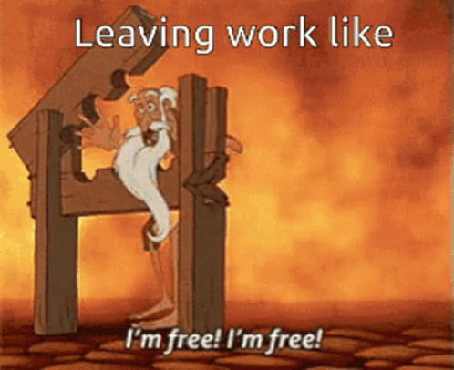 A Cartoon Of An Old Man In A Stockade With The Caption Leaving Work Like I 'M Free I 'M Free ! GIF