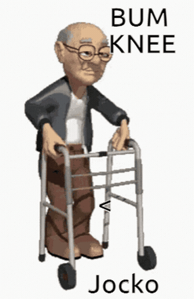 A Cartoon Of An Old Man Using A Walker With The Words `` Bum Knee Jocko '' Written On It . GIF
