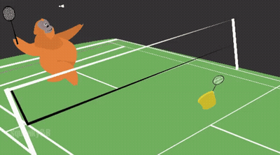 A Cartoon Of An Orangutan Playing Badminton On A Tennis Court GIF
