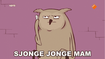 A Cartoon Of An Owl Talking On A Cell Phone With The Words Sjonge Jonge Mam Below Him GIF
