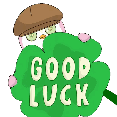 A Cartoon Of An Owl With Cucumber Slices On Its Eyes And The Words Good Luck Written On A Green Clover Sticker