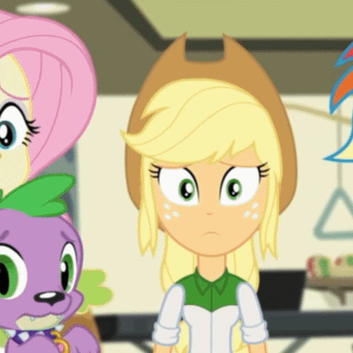 A Cartoon Of Applejack Standing Next To A Pony GIF