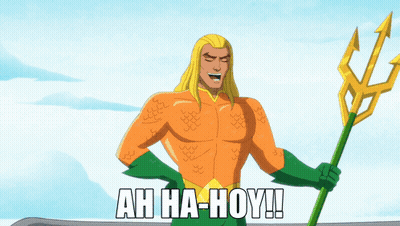 A Cartoon Of Aquaman Holding A Trident With The Words Ah Ha-Hoy Written Below Him GIF