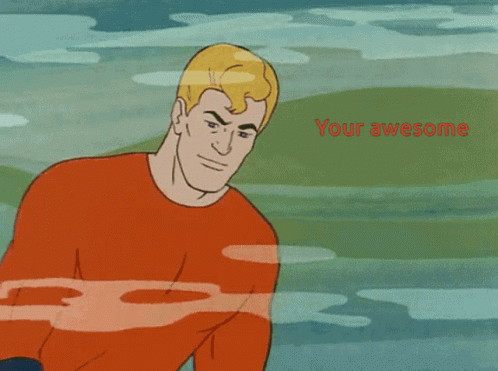A Cartoon Of Aquaman Holding A Whale With The Words " Your Awesome " Below Him GIF