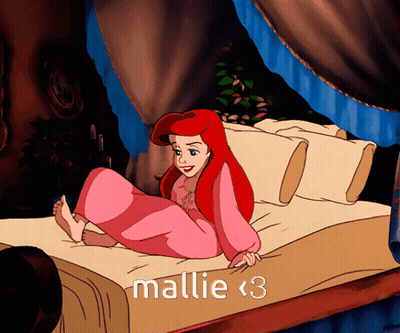 A Cartoon Of Ariel From The Little Mermaid Is Sitting On A Bed With The Words Mallie < 3 Below Her GIF
