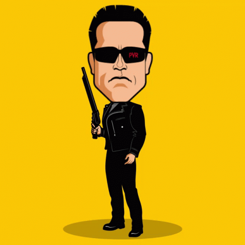 A Cartoon Of Arnold Schwarzenegger Holding A Gun With Pvr On His Sunglasses GIF