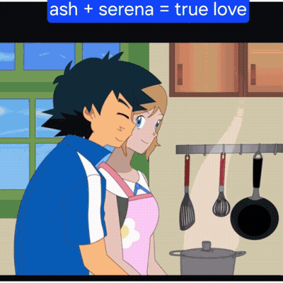 A Cartoon Of Ash And Serena In The Kitchen GIF