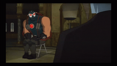 A Cartoon Of Bane Sitting In A Chair With A Man In A Suit Behind Him GIF