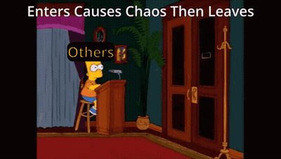 A Cartoon Of Bart Simpson Giving A Speech With The Words " Enters Causes Chaos Then Leaves " Above Him GIF