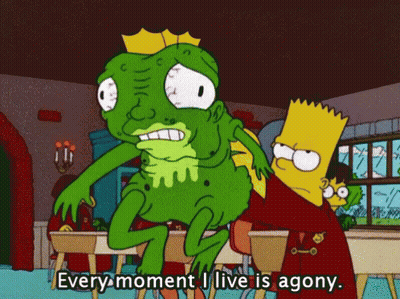 A Cartoon Of Bart Simpson Holding A Green Monster With The Words Every Moment I Live Is Agony GIF