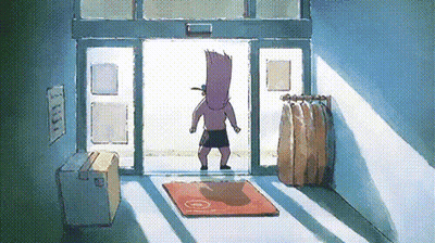 A Cartoon Of Bart Simpson Standing In Front Of A Store GIF
