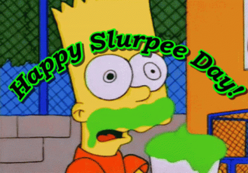 A Cartoon Of Bart Simpson With Green Slime In His Mouth And The Words Happy Slurpee Day GIF