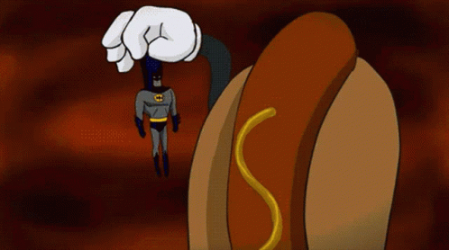 A Cartoon Of Batman And A Hot Dog With A Letter S On It GIF