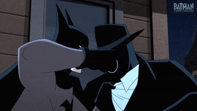 A Cartoon Of Batman And A Shadowy Figure Saying Pow GIF