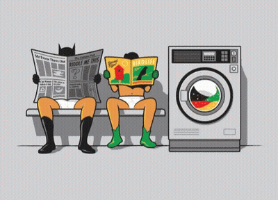 A Cartoon Of Batman And Robin Reading A Magazine Next To A Washing Machine GIF