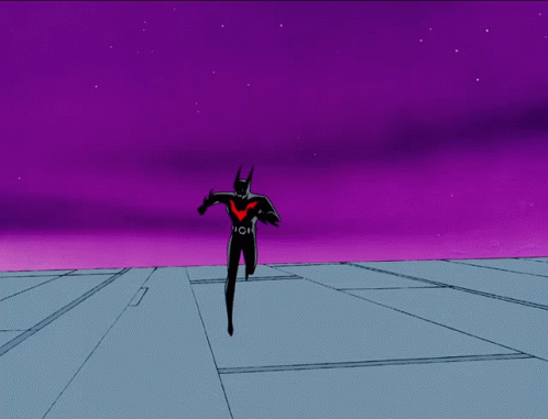 A Cartoon Of Batman Flying Through The Air With A Purple Sky Behind Him GIF