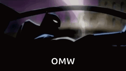 A Cartoon Of Batman Flying Through The Air With The Words `` Omw '' Behind Him . GIF