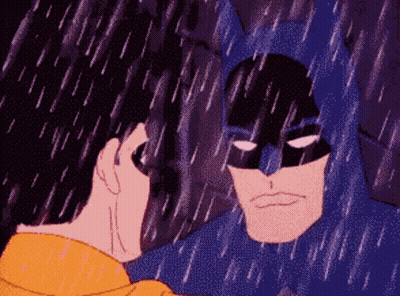 A Cartoon Of Batman In The Rain With A Yellow Jacket On GIF