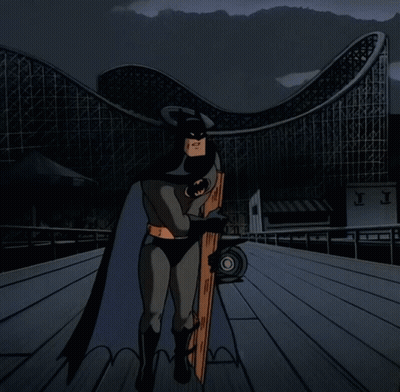 A Cartoon Of Batman Standing On A Pier Holding A Bat GIF