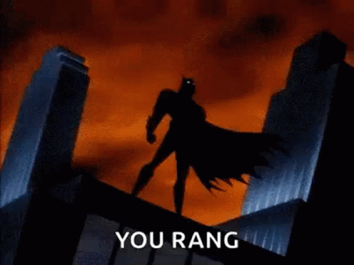 A Cartoon Of Batman Standing On Top Of A Building With The Words `` You Rang '' Written Below Him . GIF