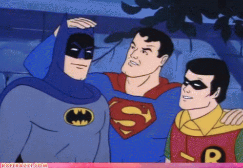 A Cartoon Of Batman Superman And Robin With The Website Roflrazzi.com In The Corner GIF