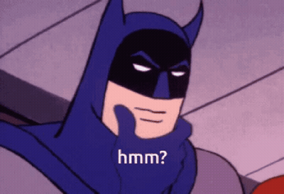 A Cartoon Of Batman With A Hand On His Chin And The Words Hmm On The Bottom GIF