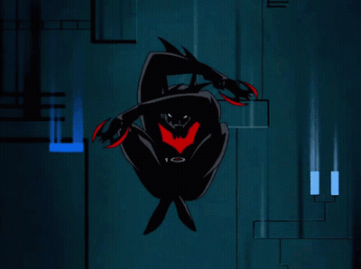 A Cartoon Of Batman With A Red Stripe On His Chest Is Standing In A Dark Room GIF