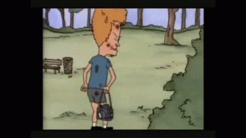 A Cartoon Of Beavis And Butthead Standing In A Park Holding A Boombox GIF