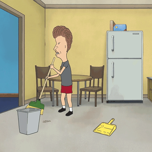 A Cartoon Of Beavis Cleaning A Room With A Fridge In The Background GIF