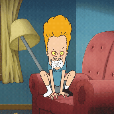 A Cartoon Of Beavis Sitting On A Couch Wearing A Shirt That Says Metallica GIF