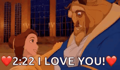 A Cartoon Of Belle And The Beast With The Words `` 2:22 I Love You ! '' GIF