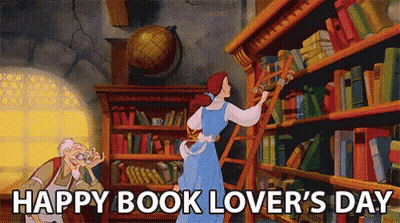 A Cartoon Of Belle In A Library With The Words Happy Book Lover 'S Day Above Her GIF