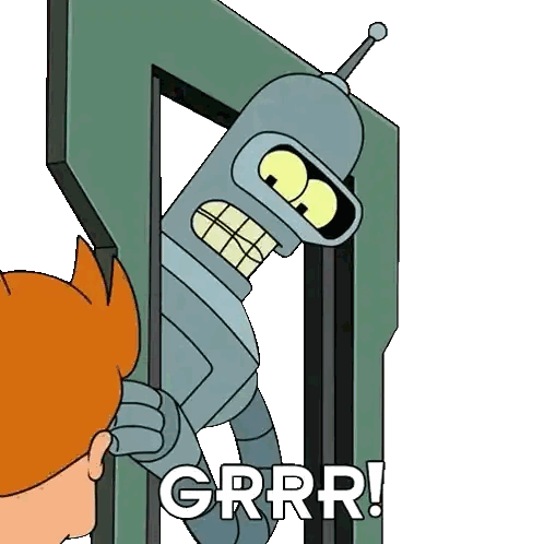 A Cartoon Of Bender From Futurama Screaming Grrr Behind A Door Sticker
