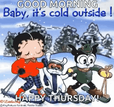 A Cartoon Of Betty Boop , A Dog , And A Cat Skiing In The Snow . GIF