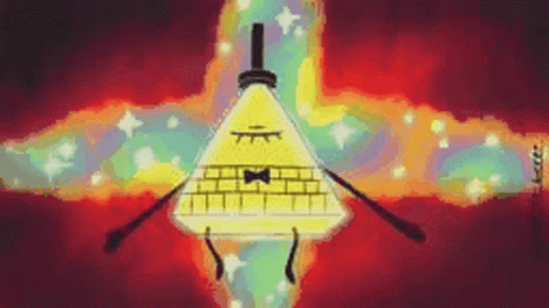 A Cartoon Of Bill Cipher From Gravity Falls Standing In Front Of A Colorful Background . GIF