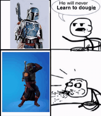 A Cartoon Of Boba Fett With A Speech Bubble That Says He Will Never Learn To Dougie GIF