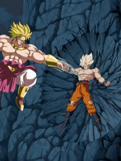 A Cartoon Of Broly And Super Saiyan Goku Fighting GIF