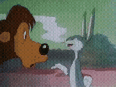 a cartoon of bugs bunny and a lion talking to each other