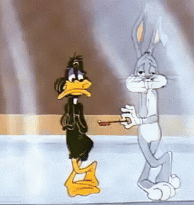 A Cartoon Of Bugs Bunny And Daffy Duck Standing Next To Each Other On Ice . GIF
