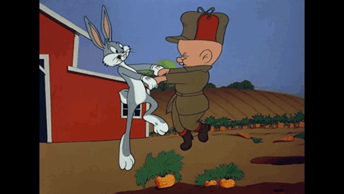 A Cartoon Of Bugs Bunny And Elmer Fudd Fighting In A Field Of Carrots GIF