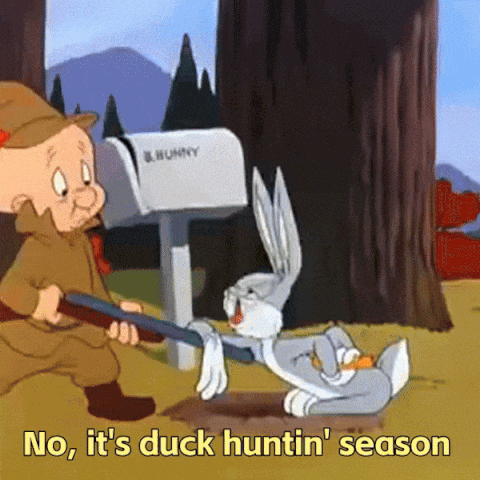 A Cartoon Of Bugs Bunny And Elmer Fudd Saying No It 'S Duck Huntin ' Season GIF