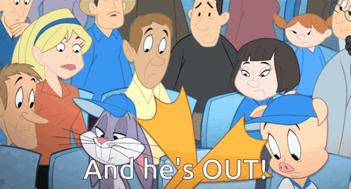 A Cartoon Of Bugs Bunny And Porky Pig Sitting In A Crowd With The Words " And He 'S Out " GIF