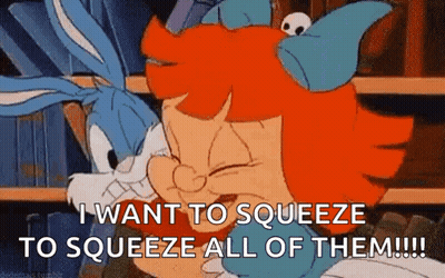 A Cartoon Of Bugs Bunny And Sylvester Saying `` I Want To Squeeze To Squeeze All Of Them ! '' GIF