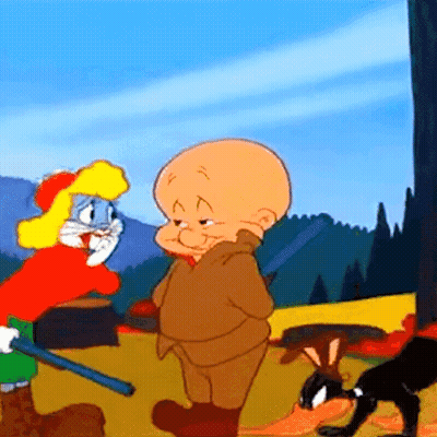 A Cartoon Of Bugs Bunny , Elmer Fudd , And Looney Tunes Standing Next To Each Other . GIF